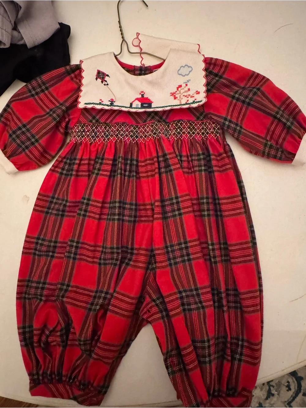 VTG Carriage Boutiques 3M Red Plaid Smocked Bubble Romper Embroidered Collar